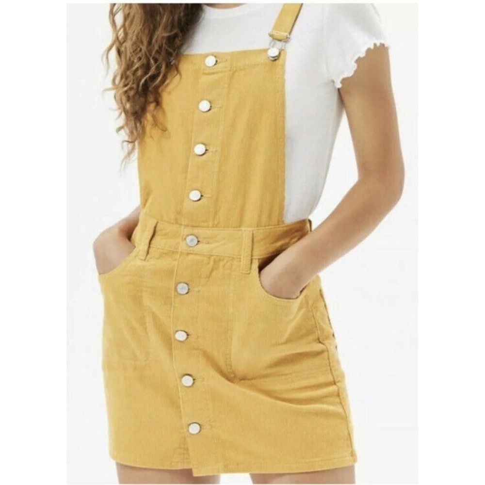 ✨ Pac Sun Yellow Gold Corduroy Button Jumper Overall Dress Womens Size Large